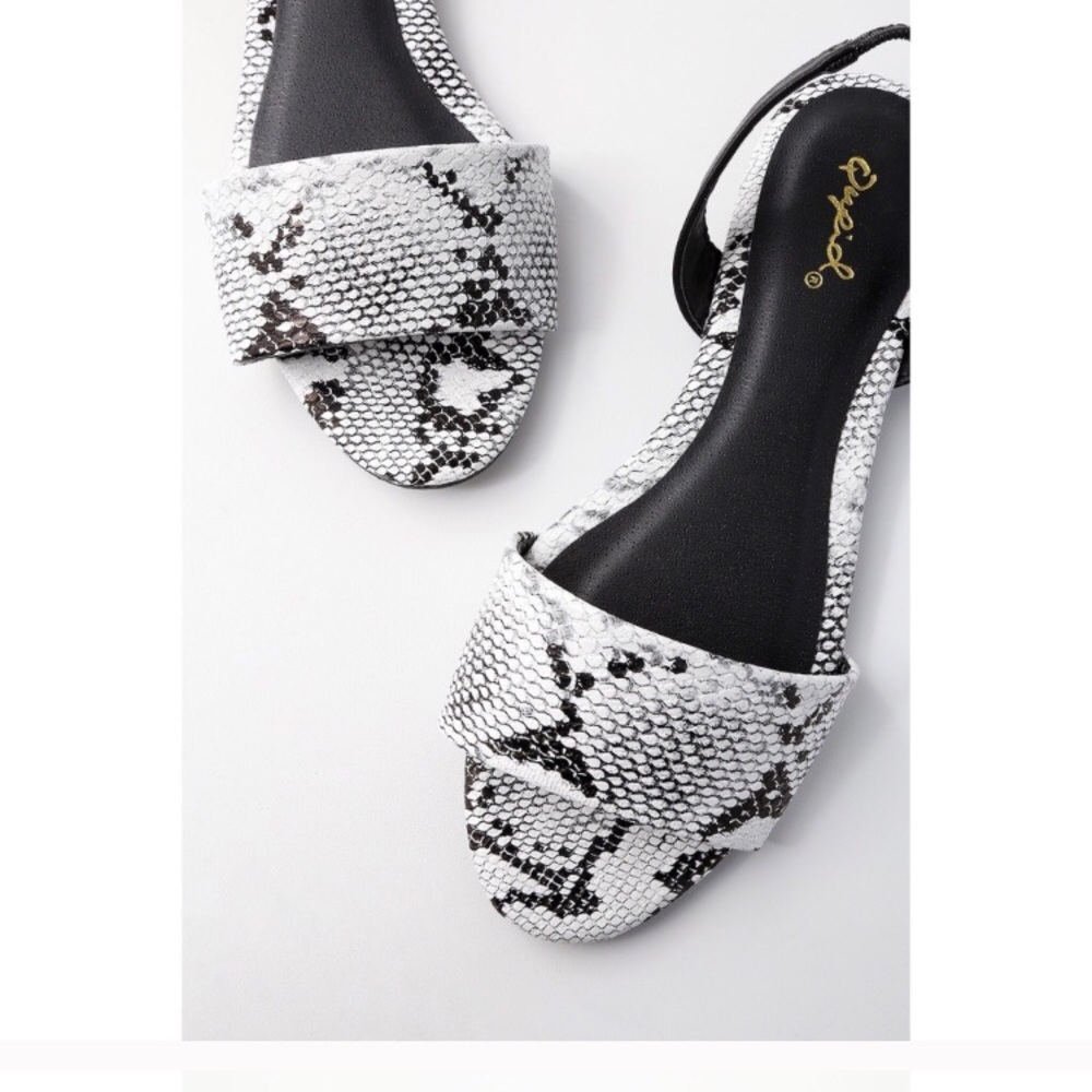 Black/white faux snakeskin sling back sandals